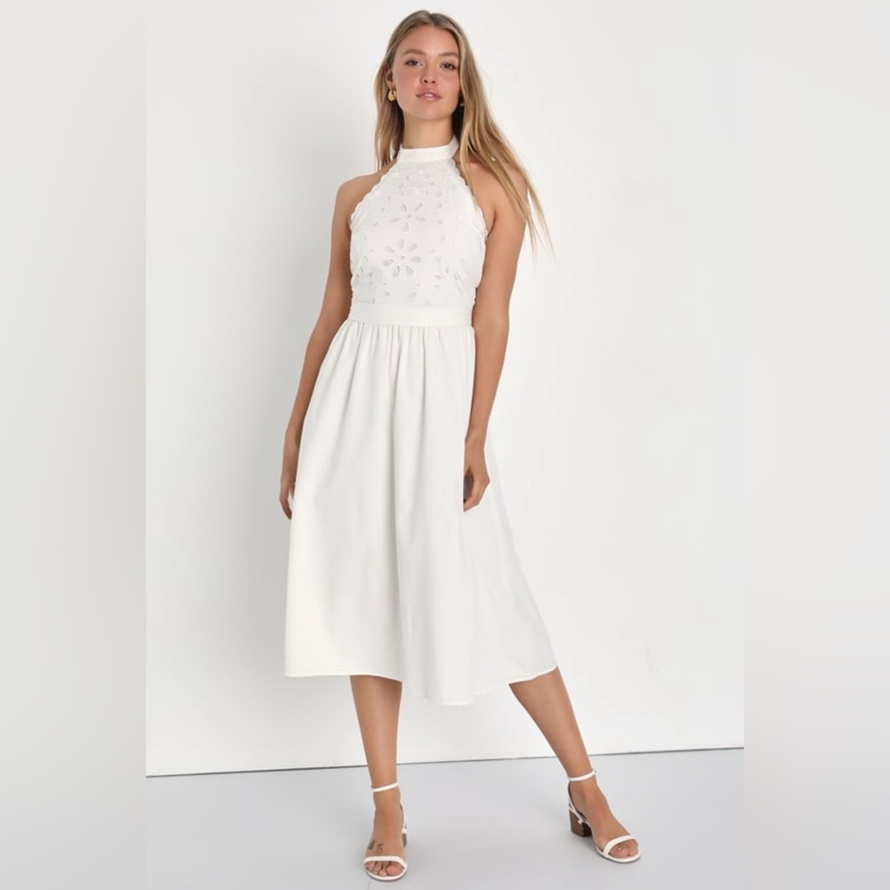 White halter midi dress